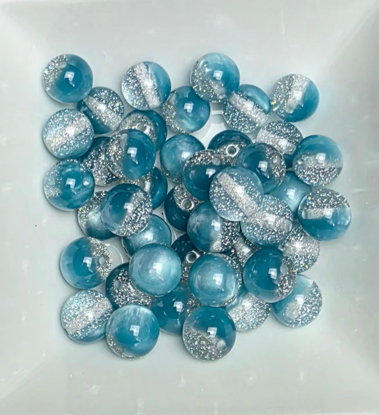 Teal & Silver Glitter Cat Eye Acrylic Beads – 16mm – 10 Pack