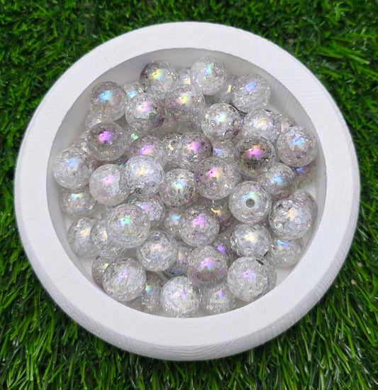 16MM Smokey Clear Iridescent Crackle Acrylic Beads – Gray/Black Undertone – 5 Piece Pack
