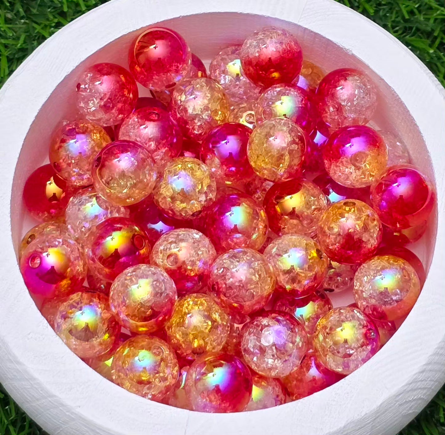 16MM Red Yellow Clear Three-Tone Iridescent Crackle Acrylic Beads – 5 Piece Pack