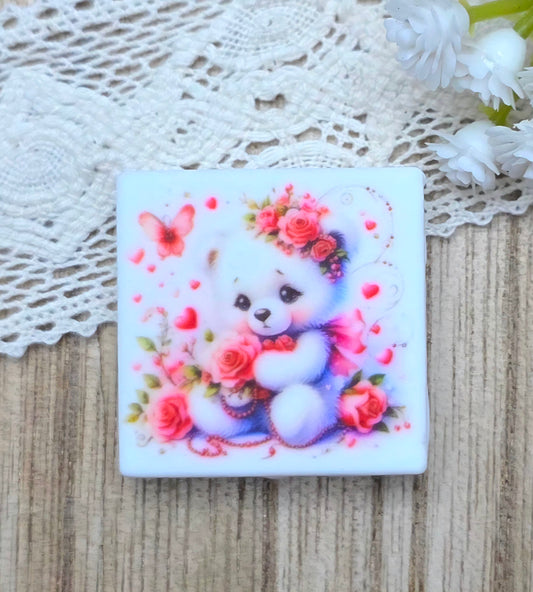 Rose Teddy Bear Silicone Focal Bead – Cute Pink Floral Bear Focal