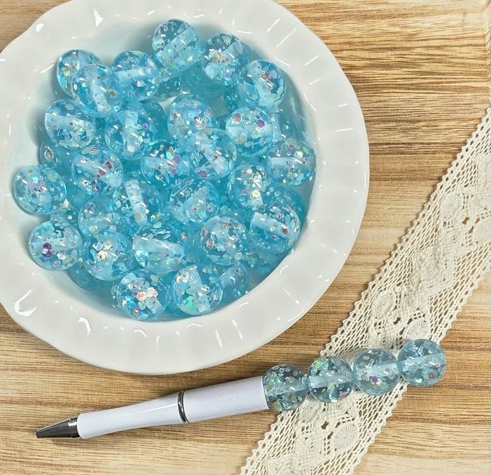 16mm Glow-in-the-Dark Light Blue Glitter Beads | Pack of 6