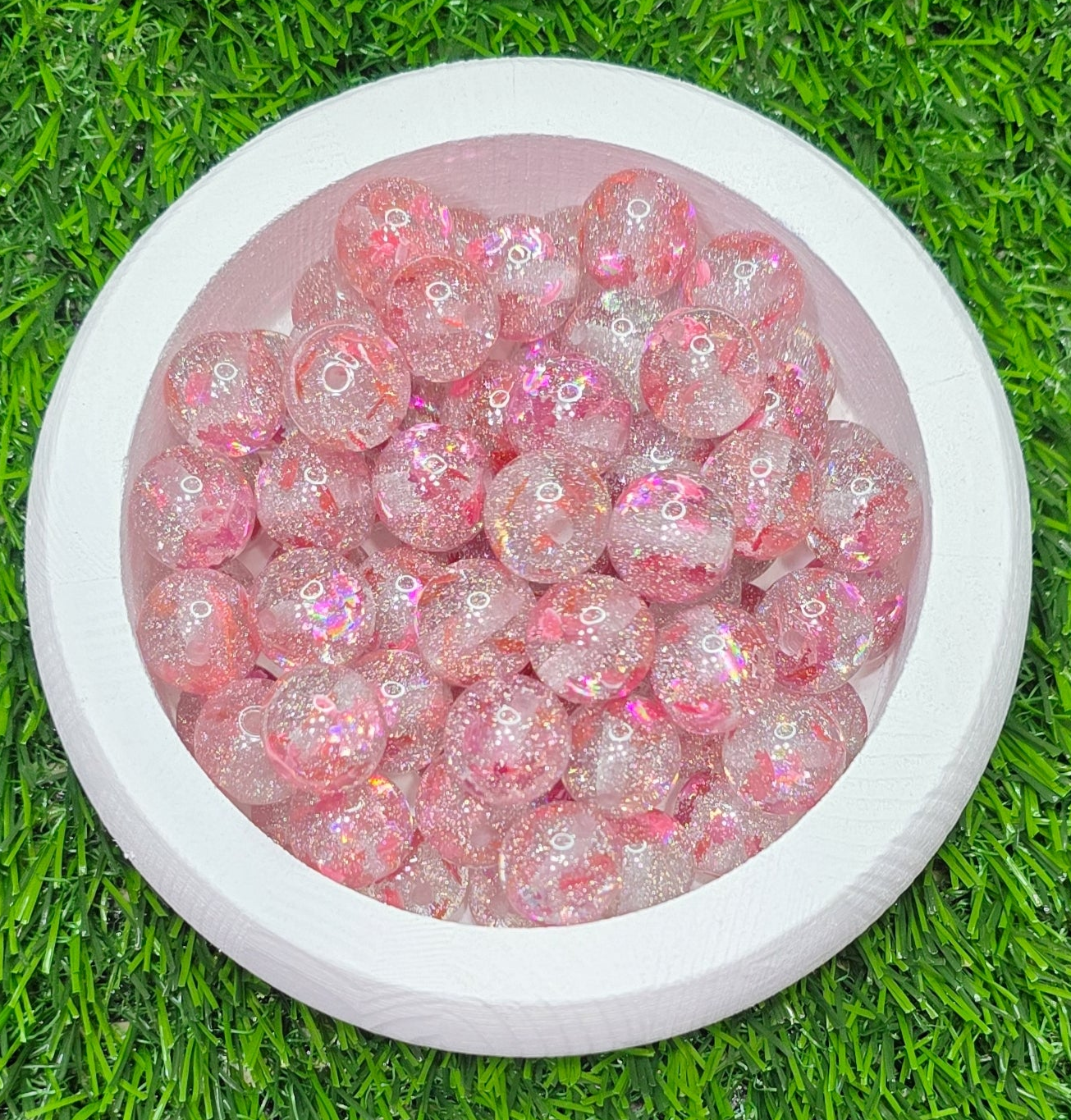 16mm Pink Confetti Flower Glitter Acrylic Beads – 5 Piece Pack