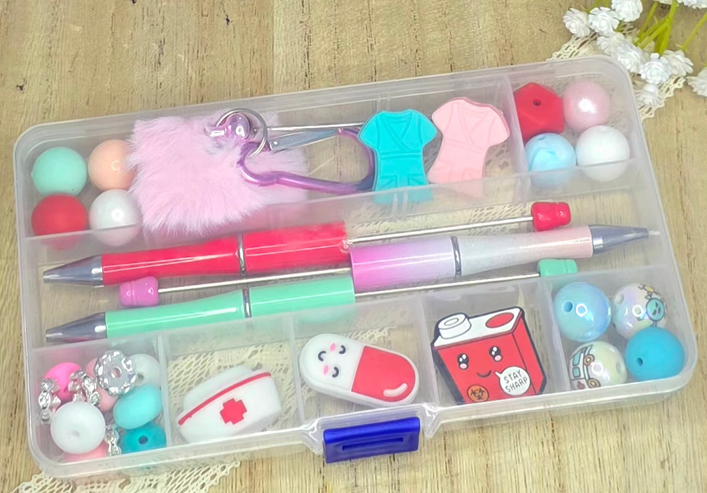 Nurse Themed Beadable Pen & Keychain DIY Kit with Reusable Storage Box