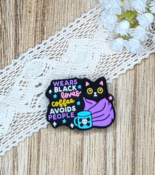Wears Black, Loves Coffee, Avoids People Cat Silicone Focal Bead | Funny Cat DIY Craft Supply