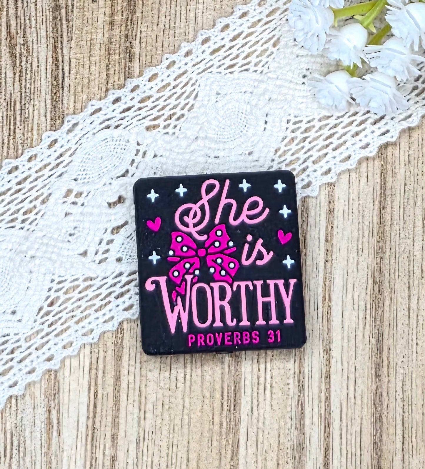 She Is Worthy Proverbs 31 Silicone Focal Bead | Christian Faith DIY Craft Supply