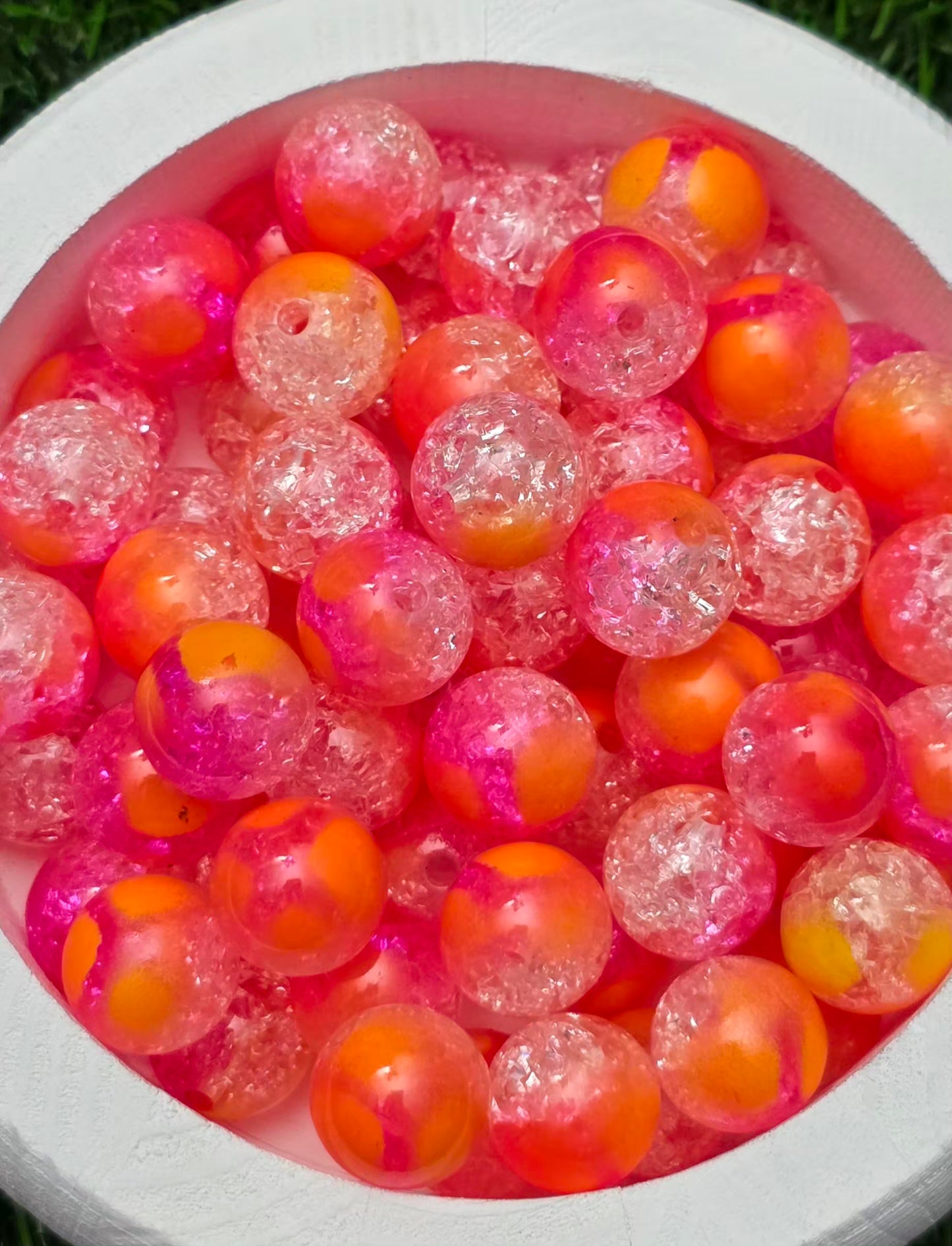 16MM Neon Pink, Orange & Clear Crackle Acrylic Beads – 5 Piece Pack