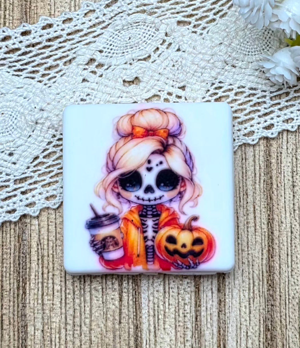 Halloween Skeleton Girl Pumpkin Coffee Silicone Focal Bead