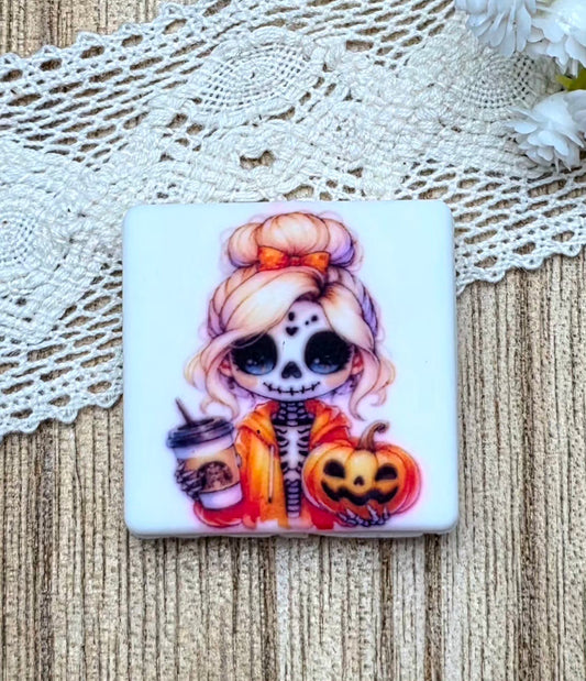 Halloween Skeleton Girl Pumpkin Coffee Silicone Focal Bead