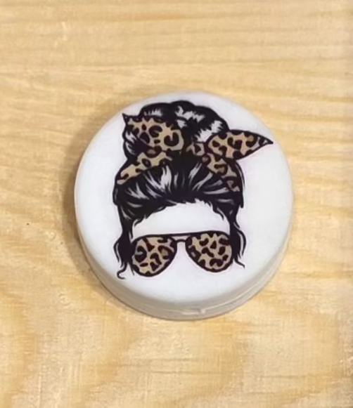 Leopard print messy bun girl with glasses silicone focal beads A224a
