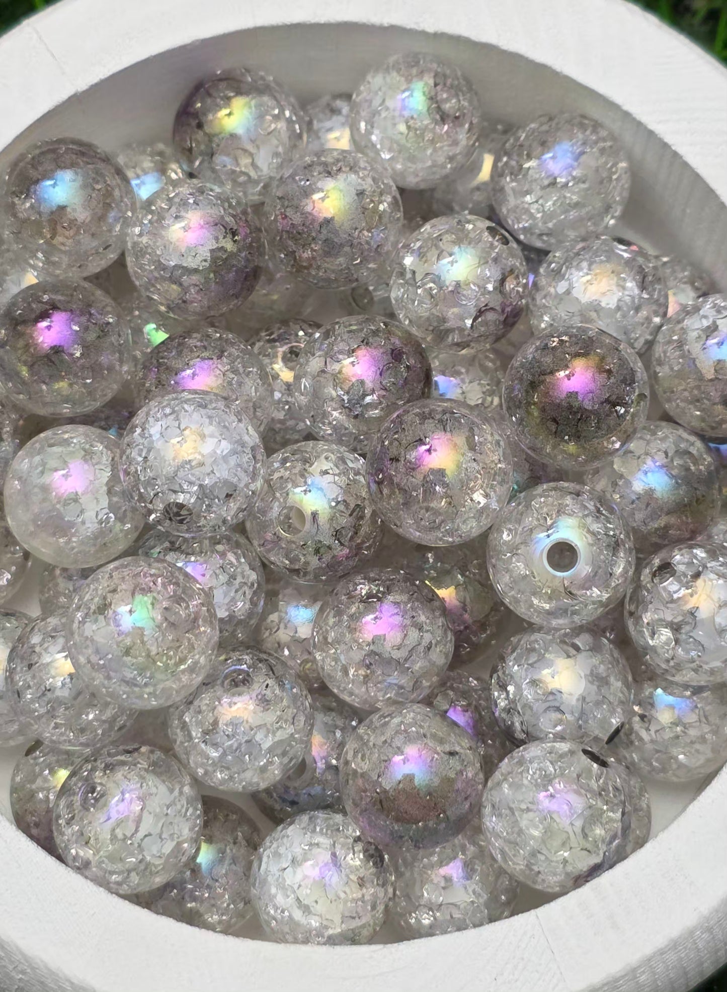 16MM Smokey Clear Iridescent Crackle Acrylic Beads – Gray/Black Undertone – 5 Piece Pack