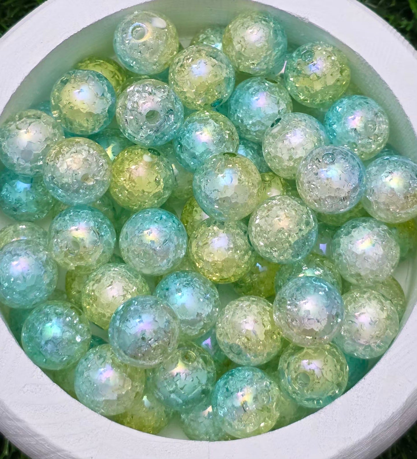 16MM Mint, Lemon & Soft Yellow Iridescent Crackle Acrylic Beads – 5 Piece Pack