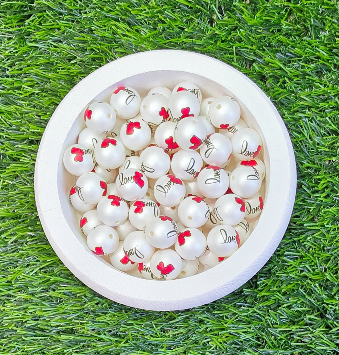 LOVE pearl white 16mm acrylic beads - 5 count - Love heart acrylic beads