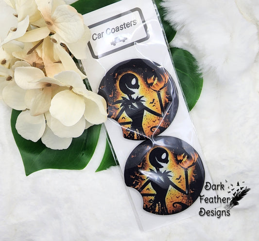 Dark skull guy with fire car coaster