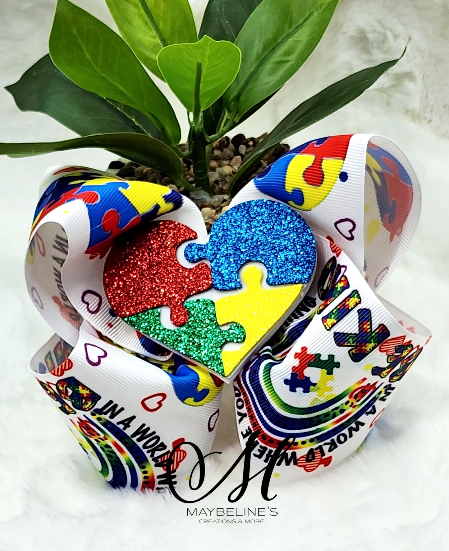 Autism Awarenes shaker hairbow