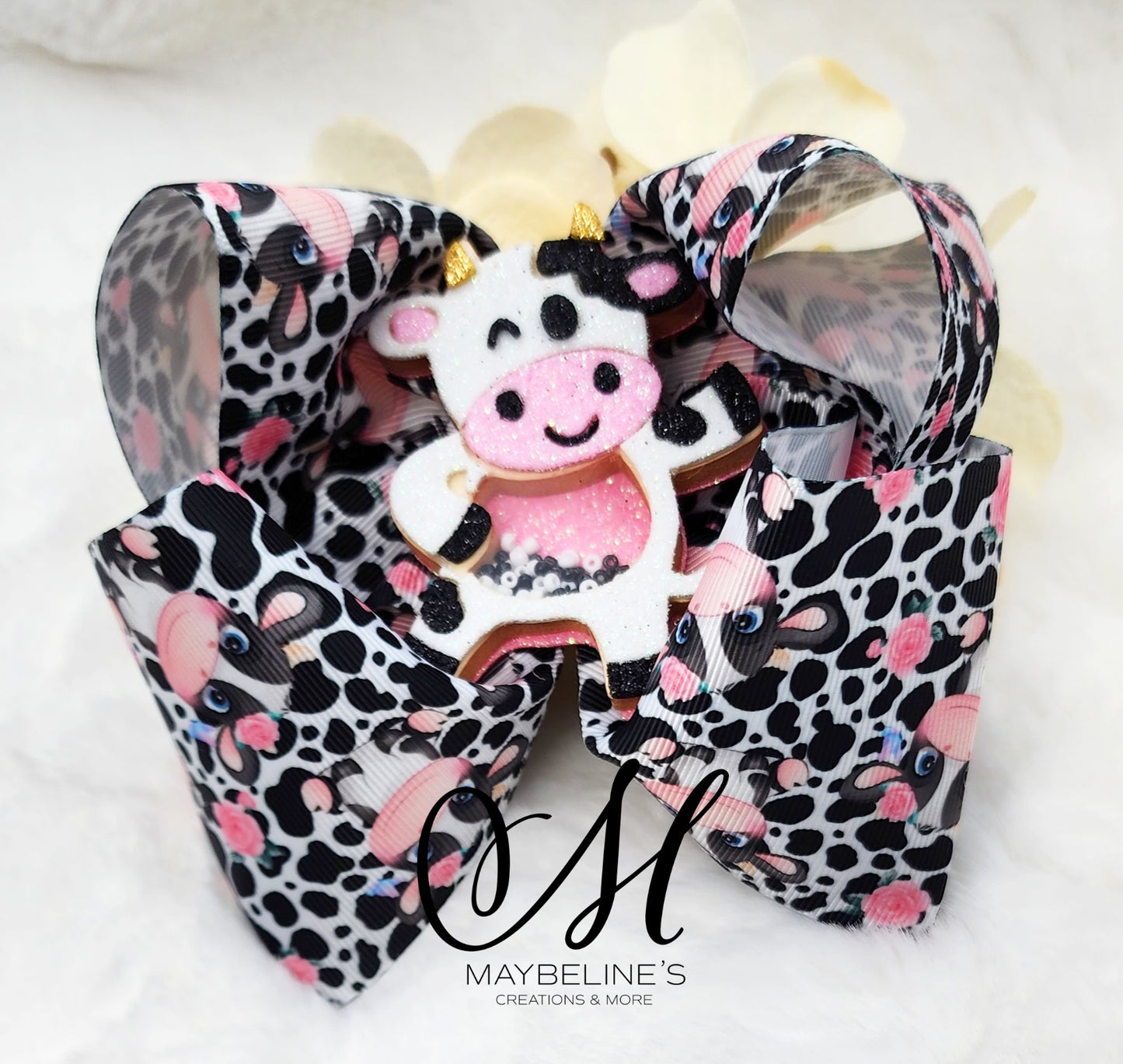 Black and pink happy cow hair bow